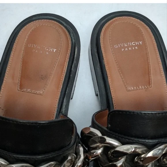 Givenchy Black Leather Slides Loafers with Silver Chain - Picture 2 of 4